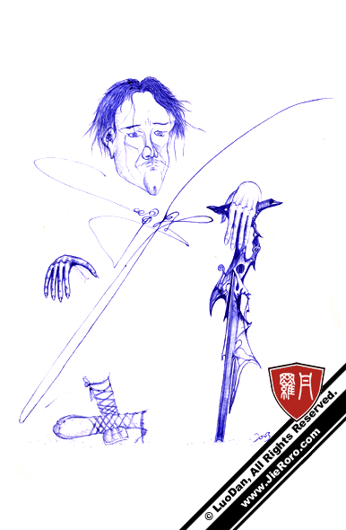 描述-Description：画面简约以示武士处世、行事的简明、直接之精志。抽象目的是为了辅助人们加以被动想像、提升联幻力。仅此头、手、足三要素足以推断所绘人物之肢体形态，另：画中签名充当了衣装。