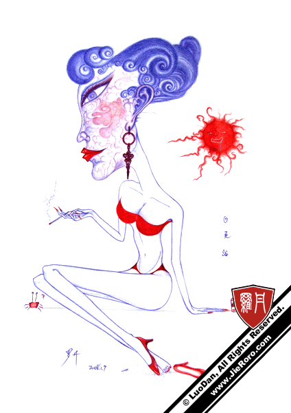 描述-Description：脸上涂有防晒霜。以画诠释女性完美身段。为竭力突出标准身材之形体美，衣不可再精简了。