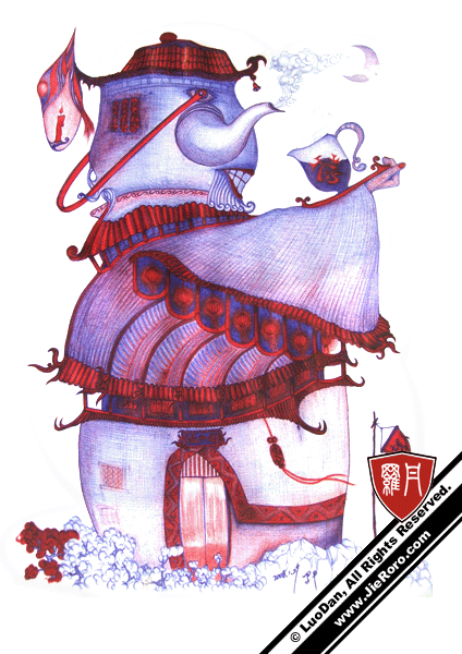 描述-Description：水壶? 茶楼? 客栈? Waiter? 皆然。门匾题词：“滤心阁”。世众难免附有浊污，世心皆需滤以澄净。“お茶をしてください。”